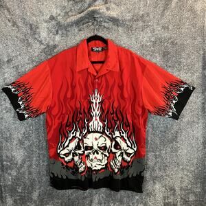 Dragonfly Shirt Mens 2XL Red Black Flames Skulls Button Up Camp Gothic Punk